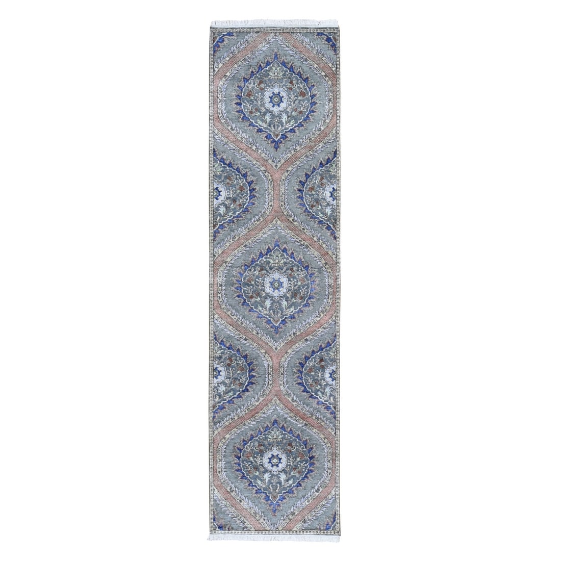 2'6"x10' Real Silk with Text Wool Mughal Design Hand Knotted Runner Rug: 2'6"x10' Real Silk with Text Wool Mughal Design Hand Knotted Runner Rug The 2'6"x10' Real Silk with Text Wool Mughal Design Hand Knotted Runner Rug boasts an intricate Mughal design, expertly hand-kno