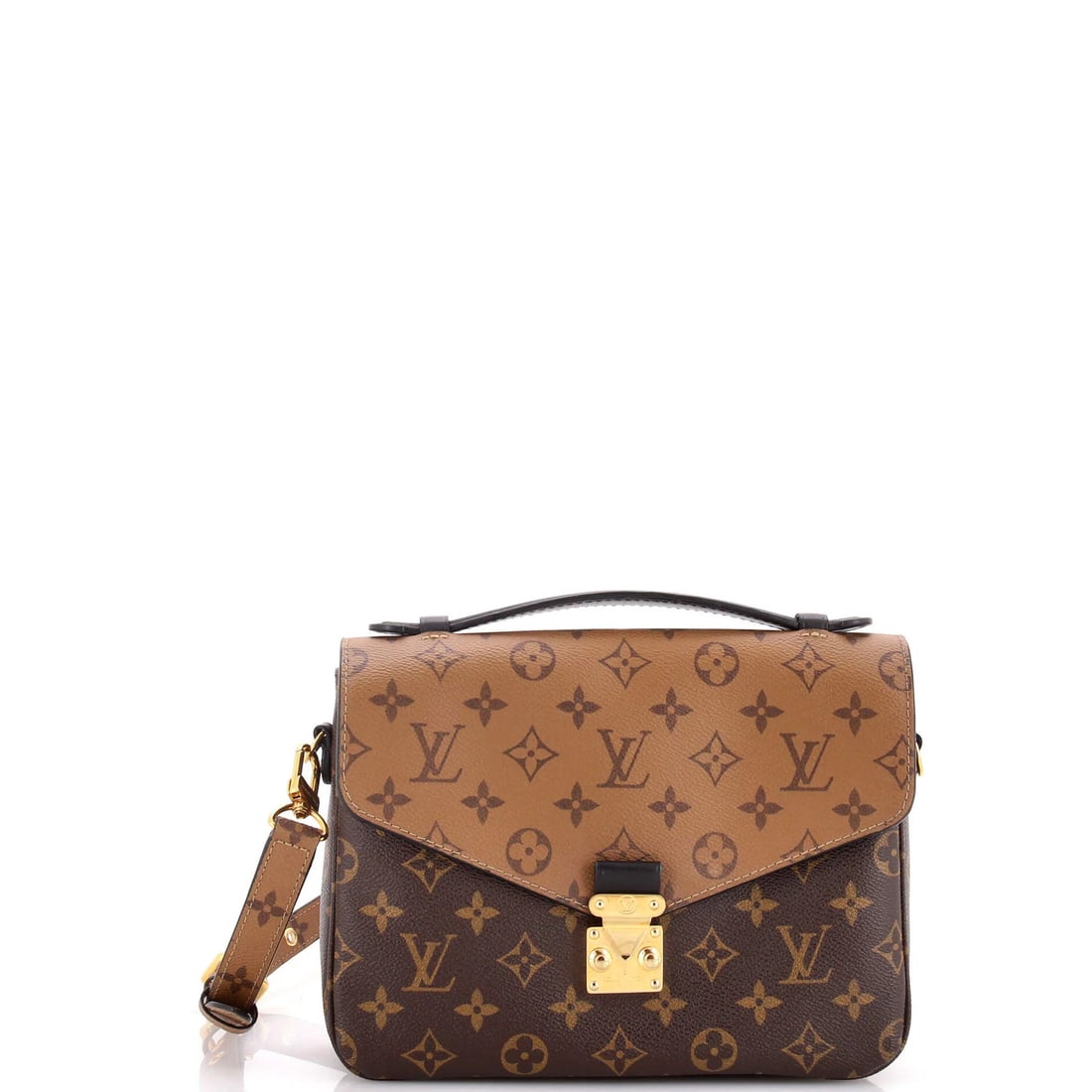 Reverse Louis Vuitton Pochette Monogram Canvas: Reverse Louis Vuitton Pochette Monogram Canvas Brown Reverse Louis Vuitton Pochette Monogram Canvas Cross Body Bag with Gold Hardware. This Fair-conditioned bag features cracking on the flap opening c
