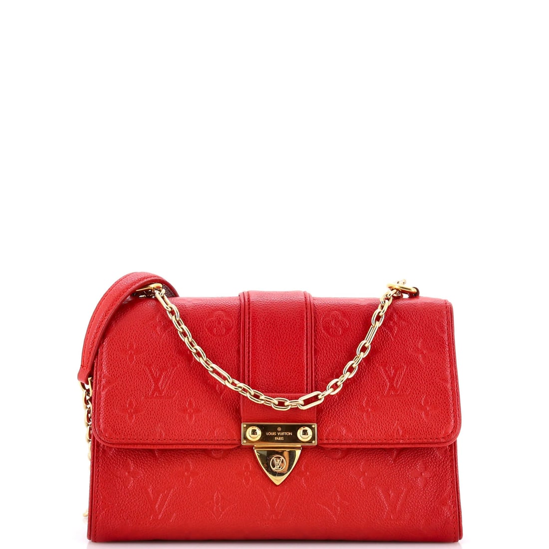 Saint Sulpice Monogram Leather Handbag Empreinte Louis Vuitton: Saint Sulpice Monogram Leather Handbag Empreinte Louis Vuitton Red Saint Sulpice Monogram Empreinte Leather Cross Body Bag with Gold Hardware, featuring minor creases on the exterior and scuffs on the