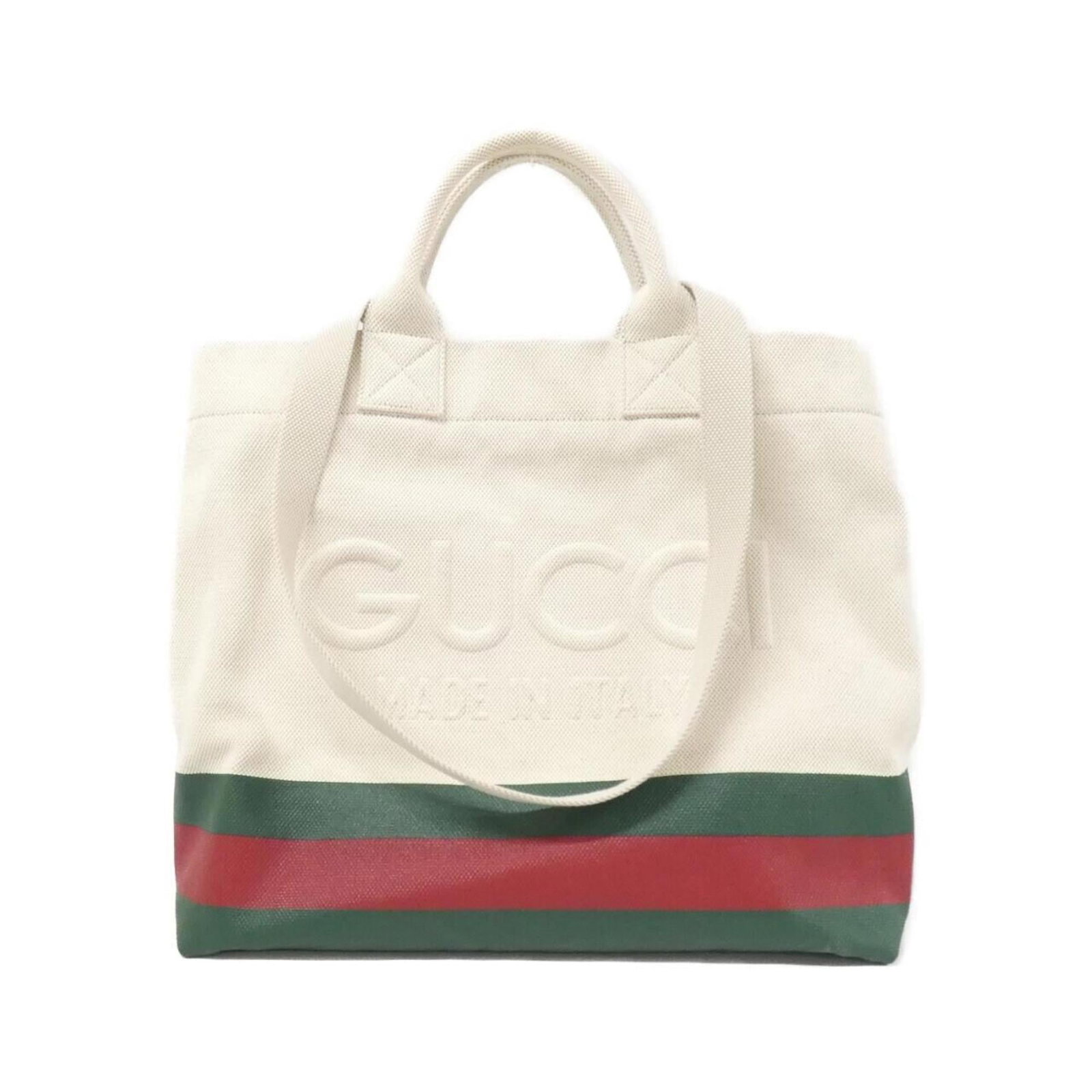 Canvas Handbag Gucci: Canvas Handbag Gucci Canvas Handbag Gucci bears a signature. Made from canvas, this handbag features a striking green, red color, and white accents. Its compact size measures 37cm x 40cm x 16cm. Item 