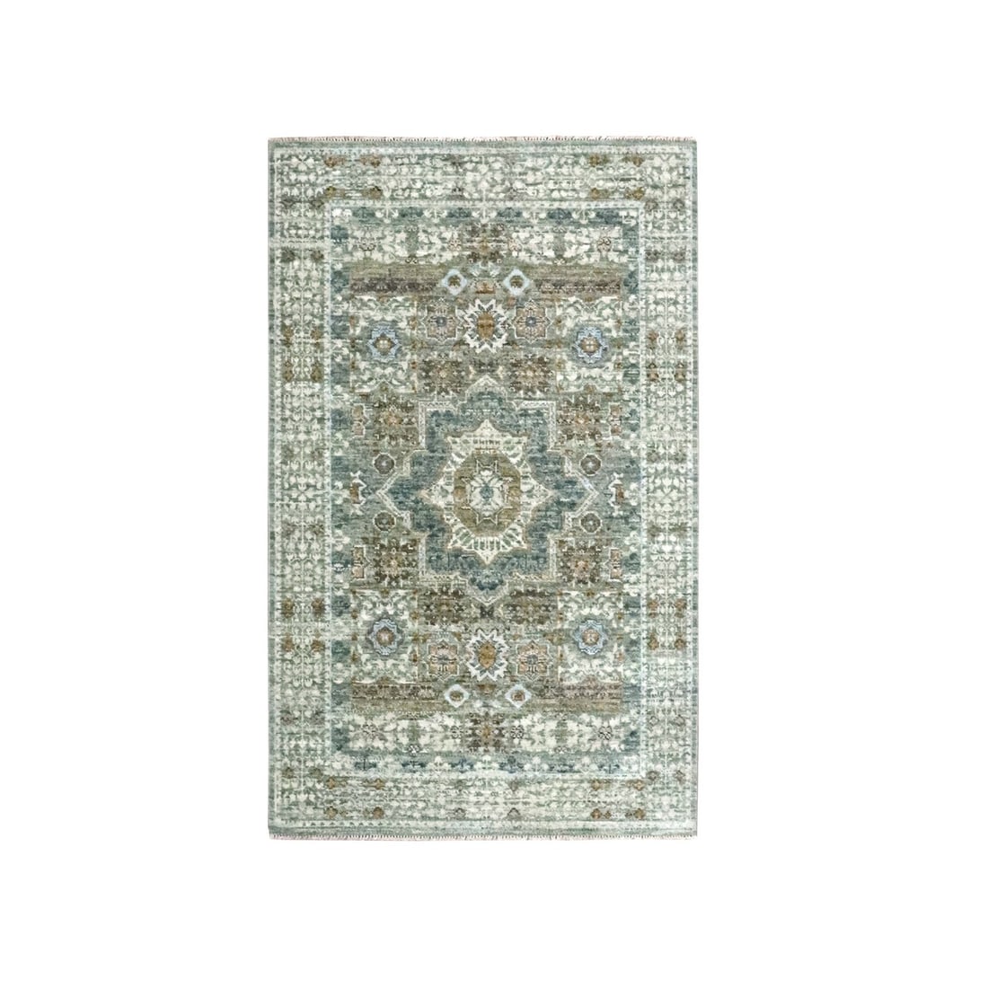 3'x5'1" Sage Green Pure Wool Rug Hand Knotted Pre Historic Mamluk Design: 3'x5'1" Sage Green Pure Wool Rug Hand Knotted Pre Historic Mamluk Design Hand-knotted in pure wool, this stunning 3'x5'1" sage green Mamluk design rug boasts intricate medallion patterns and a rich re