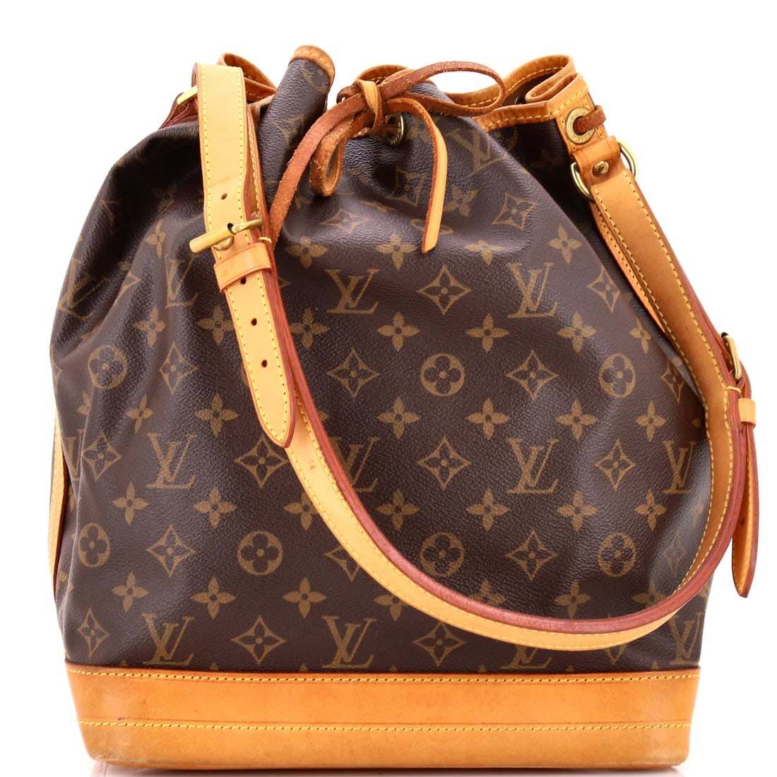 Louis Vuitton Noe Handbag Monogram Canvas Large: Louis Vuitton Noe Handbag Monogram Canvas Large Brown Louis Vuitton Noe Handbag Monogram Canvas Large with gold hardware, featuring a large size and classic bucket style. The exterior canvas is coated