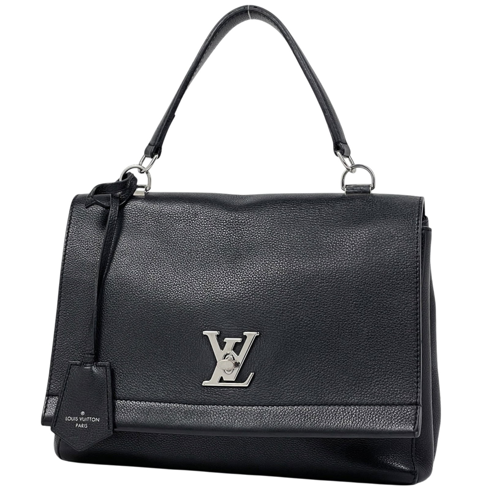 Handbag Louis Vuitton Leather: Handbag Louis Vuitton Leather Black Louis Vuitton Leather Handbag, 20cm x 27cm x 9cm. Made from high-quality leather, this classic handbag features a timeless design and sleek black color. With its si