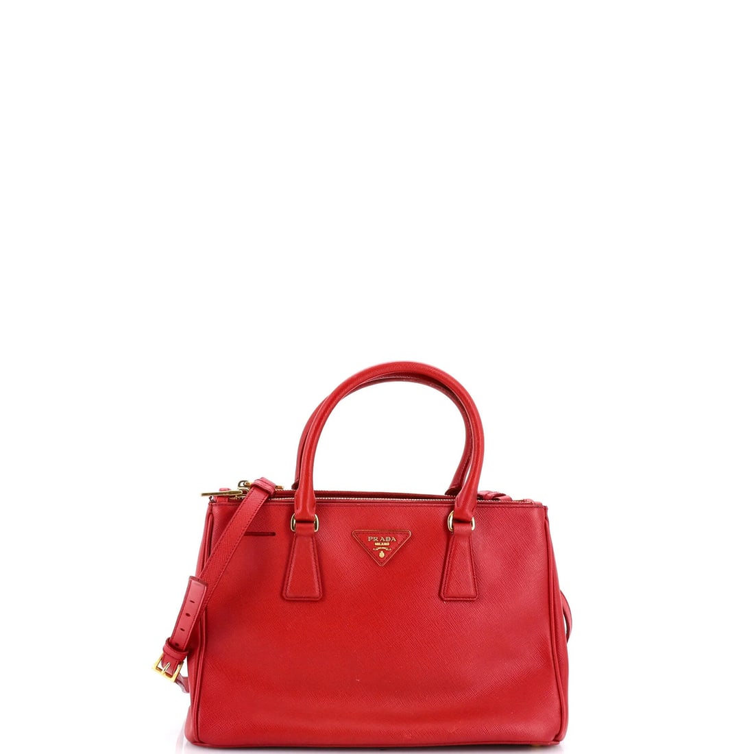 Prada Double Zip Lux Tote Saffiano Leather Small: Prada Double Zip Lux Tote Saffiano Leather Small Small Prada Double Zip Lux Tote in Saffiano Leather, featuring a bold red exterior with gold hardware and a spacious interior. The tote boasts two zipp