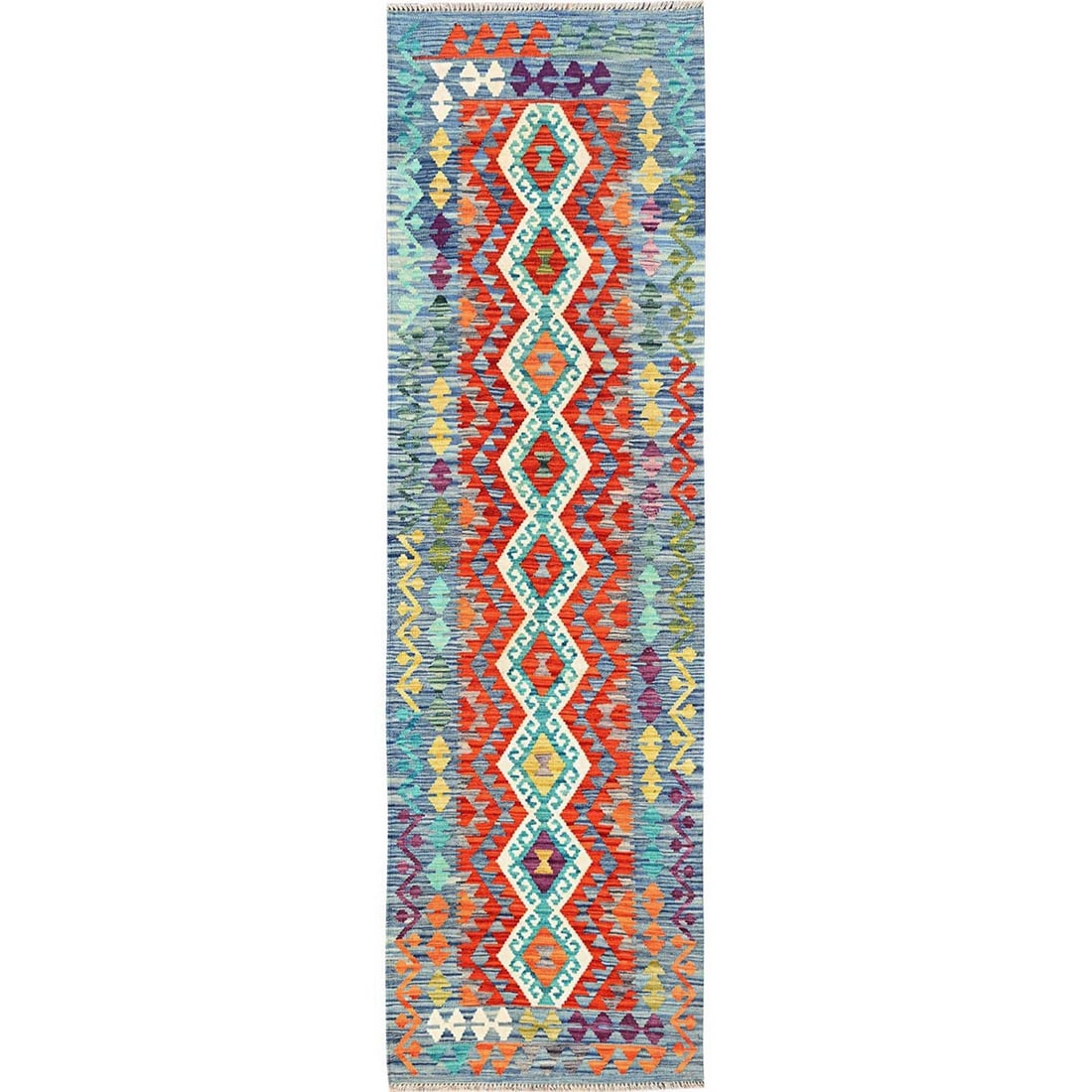 2'7"x9'6" Colorful Afghan Kilim 100% Wool Rug Flat Weave Hand Woven Runner: 2'7"x9'6" Colorful Afghan Kilim 100% Wool Rug Flat Weave Hand Woven Runner Colorful, hand-woven kilim rug from Afghanistan features a vibrant multicolored field with geometric patterns and a rich, woo