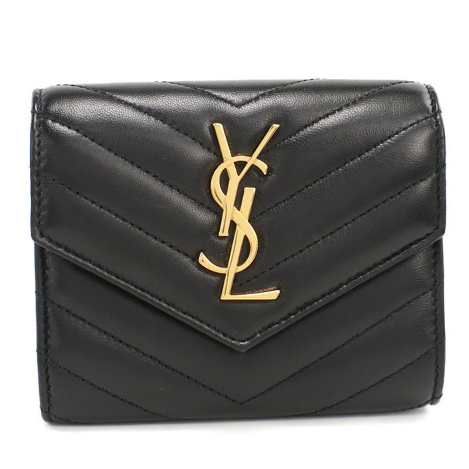 Saint Laurent leather wallet tri fold: Saint Laurent leather wallet tri fold Black Saint Laurent leather tri-fold wallet from Italy, measuring 9.5cm x 12cm x 3cm. This sleek and stylish wallet features high-quality leather construction and