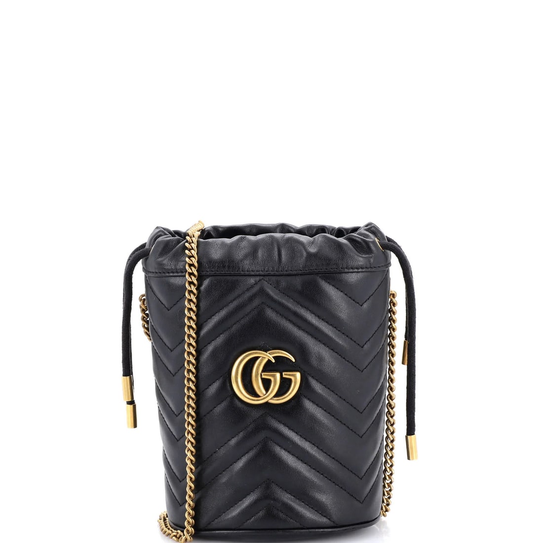 Matelasse leather mini bucket bag by Gucci GG Marmont: Matelasse leather mini bucket bag by Gucci GG Marmont Small but stylish, the Gucci GG Marmont Matelasse Leather Mini Bucket Bag features a chic black exterior with minor edge wear and scuffs. The inte