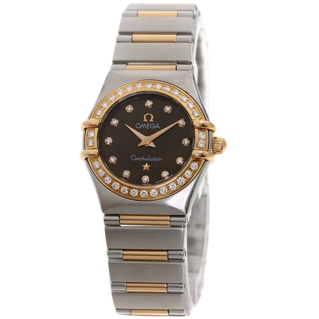 Omega Constellation 12P Bezel Diamond Watches 1358.60 Stainless: Omega Constellation 12P Bezel Diamond Watches 1358.60 Stainless The Omega Constellation 12P Bezel Diamond Watches boasts a striking gold bezel and brown dial, adding a touch of elegance to its stainle