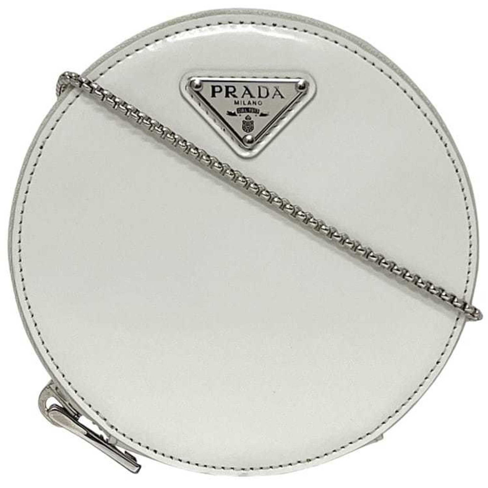 Pochette Leather Prada Shoulder Bag: Pochette Leather Prada Shoulder Bag White leather Pochette shoulder bag from Prada, measuring 12cm x 12cm x 2.5cm. This compact and stylish bag features a sleek design with clean lines and a classic s