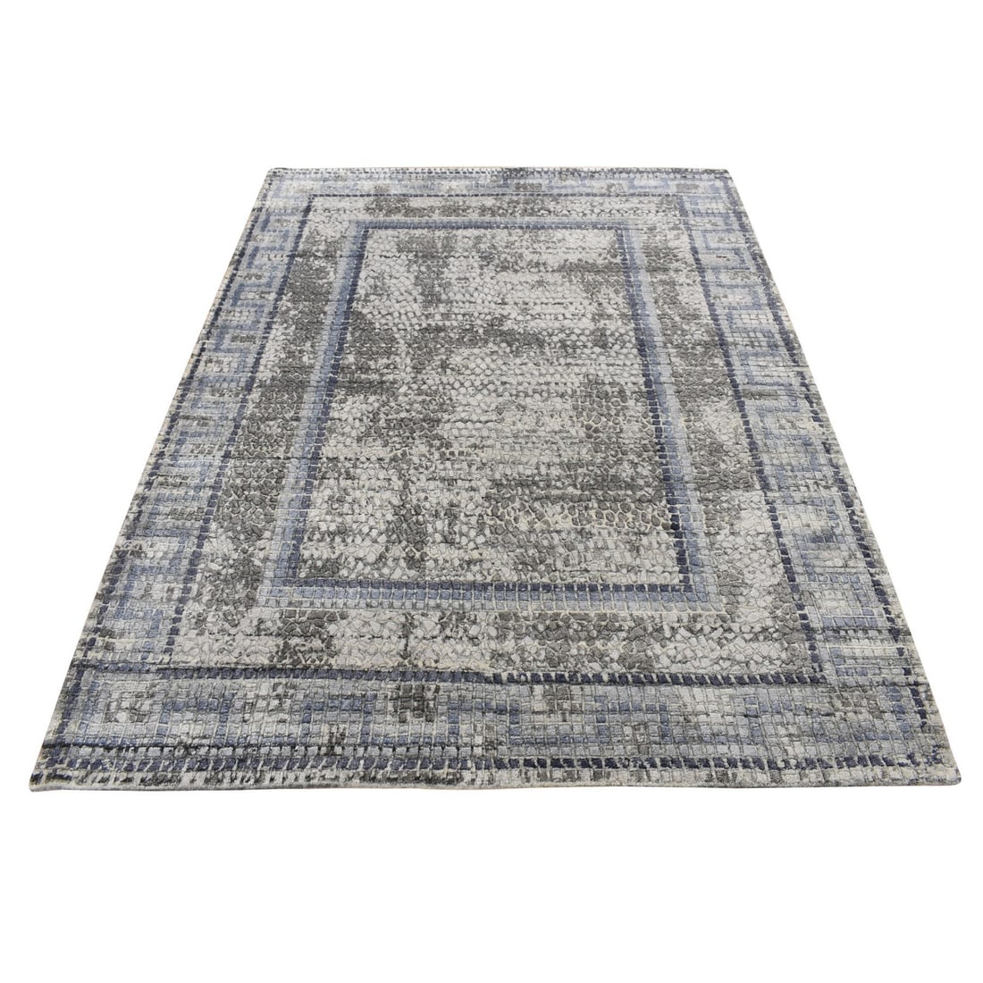 5'2"x6'10" Timberwolf Gray Silken Roman Mosaic Design Hand Knotted Rug: 5'2"x6'10" Timberwolf Gray Silken Roman Mosaic Design Hand Knotted Rug This stunning Timberwolf Gray Silken Roman Mosaic Design Hand Knotted Rug boasts an intricate mosaic design, featuring a striking