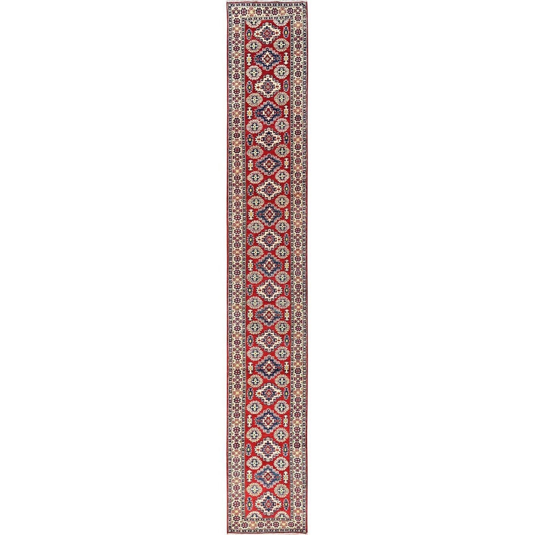 2'8"x18'10" Red Kazak with Geometric Design Hand Knotted Rug Wool Runner: 2'8"x18'10" Red Kazak with Geometric Design Hand Knotted Rug Wool Runner The vibrant red color and geometric design make this hand-knotted wool runner a striking addition to any room. Made from high-q