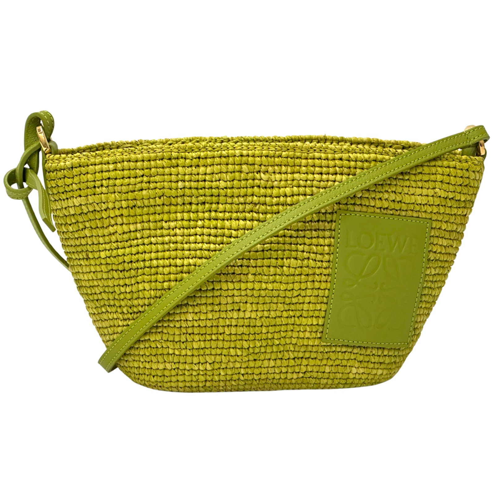 Raffia leather shoulder bag by Loewe: Raffia leather shoulder bag by Loewe Raffia leather shoulder bag by Loewe, featuring a unique blend of materials and a striking green color. Made from high-quality raffia and leather, this handbag boa
