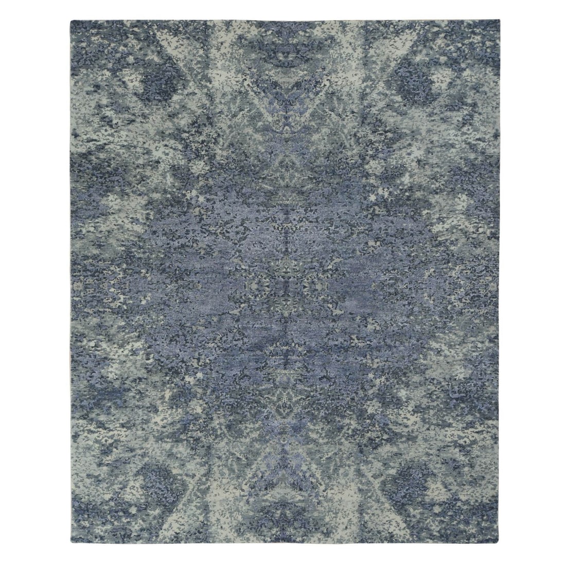 8'x9'8" Purple Abstract Tone On Tone Wool and Silk Hand Knotted Rug: 8'x9'8" Purple Abstract Tone On Tone Wool and Silk Hand Knotted Rug The Purple Abstract Tone On Tone Wool and Silk Hand Knotted Rug boasts an striking, rectangular field with a rich, deep purple hue. 