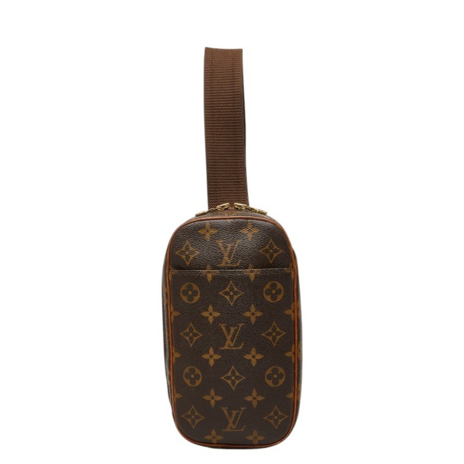 Vuitton Leather Sling Bag Pack Fanny Louis: Vuitton Leather Sling Bag Pack Fanny Louis Brown Louis Vuitton Leather Sling Bag Pack Fanny measures 22cm x 12.5cm x 4.5cm, combining PVC and leather materials in its design. The bag features a classi