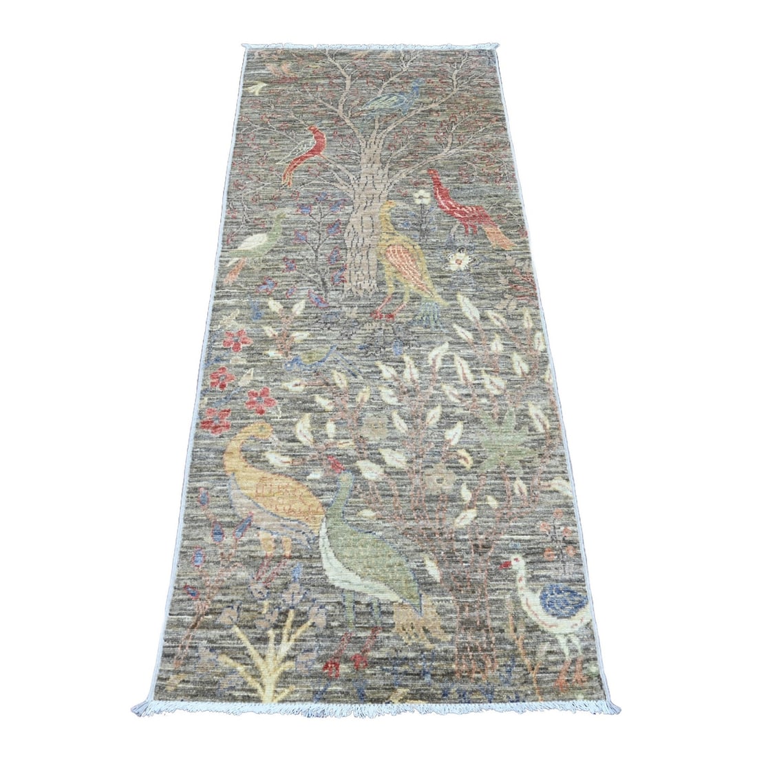 2'6"x6'2" Gray Afghan Peshawar Birds Design Wool Hand Knotted Runner Rug: 2'6"x6'2" Gray Afghan Peshawar Birds Design Wool Hand Knotted Runner Rug Hand-knotted in wool, this stunning Afghan Peshawar Birds design rug boasts intricate grey tones and a classic oriental regiona