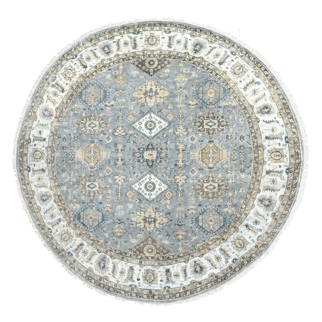 9'x9' Blue Gray Hand Knotted Karajeh Design Wool Round Oriental Rug: 9'x9' Blue Gray Hand Knotted Karajeh Design Wool Round Oriental Rug 9'x9' Blue Gray Hand Knotted Karajeh Design Wool Round Oriental Rug boasts an intricate, hand-knotted wool design in a soothing blue
