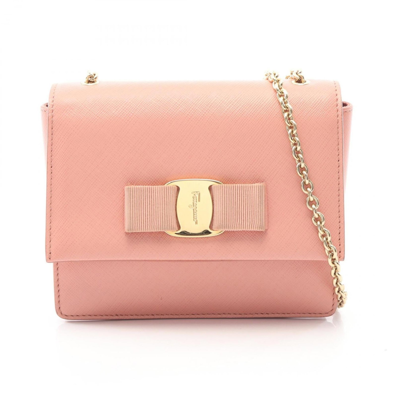 Salvatore Ferragamo Leather Shoulder Pochette Bag: Salvatore Ferragamo Leather Shoulder Pochette Bag Pink leather shoulder pochette bag from Salvatore Ferragamo's Vara line, featuring a sleek design with a 120cm adjustable strap. The bag measures