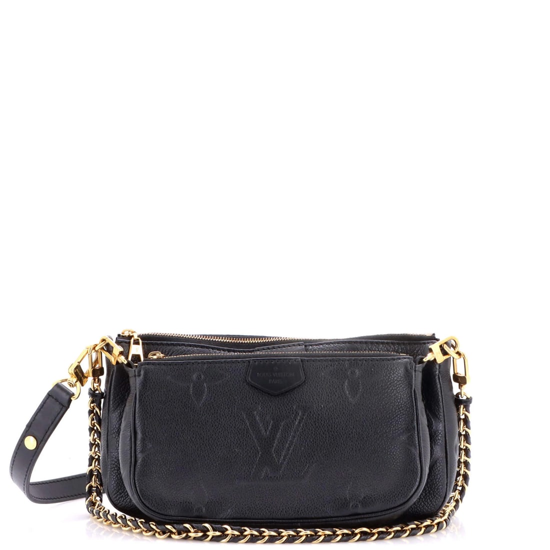 Louis Vuitton Monogram Pochette Giant Accessoires Multi Empreinte: Louis Vuitton Monogram Pochette Giant Accessoires Multi Empreinte Black Louis Vuitton Monogram Pochette Giant Accessoires Multi Empreinte bag features a classic cross body design with an extra strap f