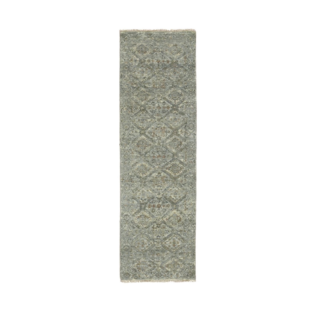 2'4"x7'10" Gray Erased Garden Design Hand Knotted Pure Wool Runner Rug: 2'4"x7'10" Gray Erased Garden Design Hand Knotted Pure Wool Runner Rug The Oushak-style rug boasts a stunning geometric design in rich gray tones, set against a subtle green and brown background. Hand