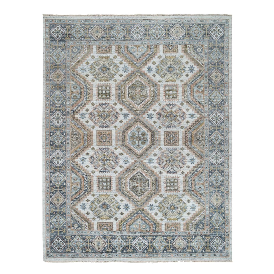 7'10"x10' Ivory Pure Wool Hand Knotted Karjihooz Heritage Design Rug: 7'10"x10' Ivory Pure Wool Hand Knotted Karjihooz Heritage Design Rug Hand-knotted in pure wool, this stunning Karjihooz heritage design rug boasts an elegant ivory color and intricate weave. Measuring