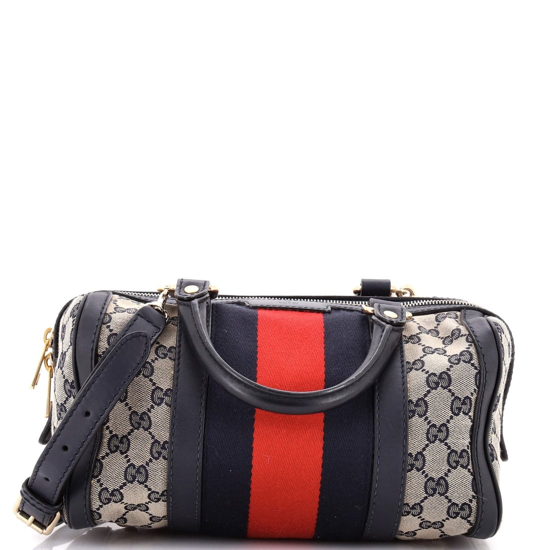 Vintage GG Canvas Small Boston Bag Gucci: Vintage GG Canvas Small Boston Bag Gucci Small Vintage Gucci GG Canvas Web Boston Bag in Blue, featuring a classic top handle design with plain canvas exterior and neutral interior. The bag showcases 