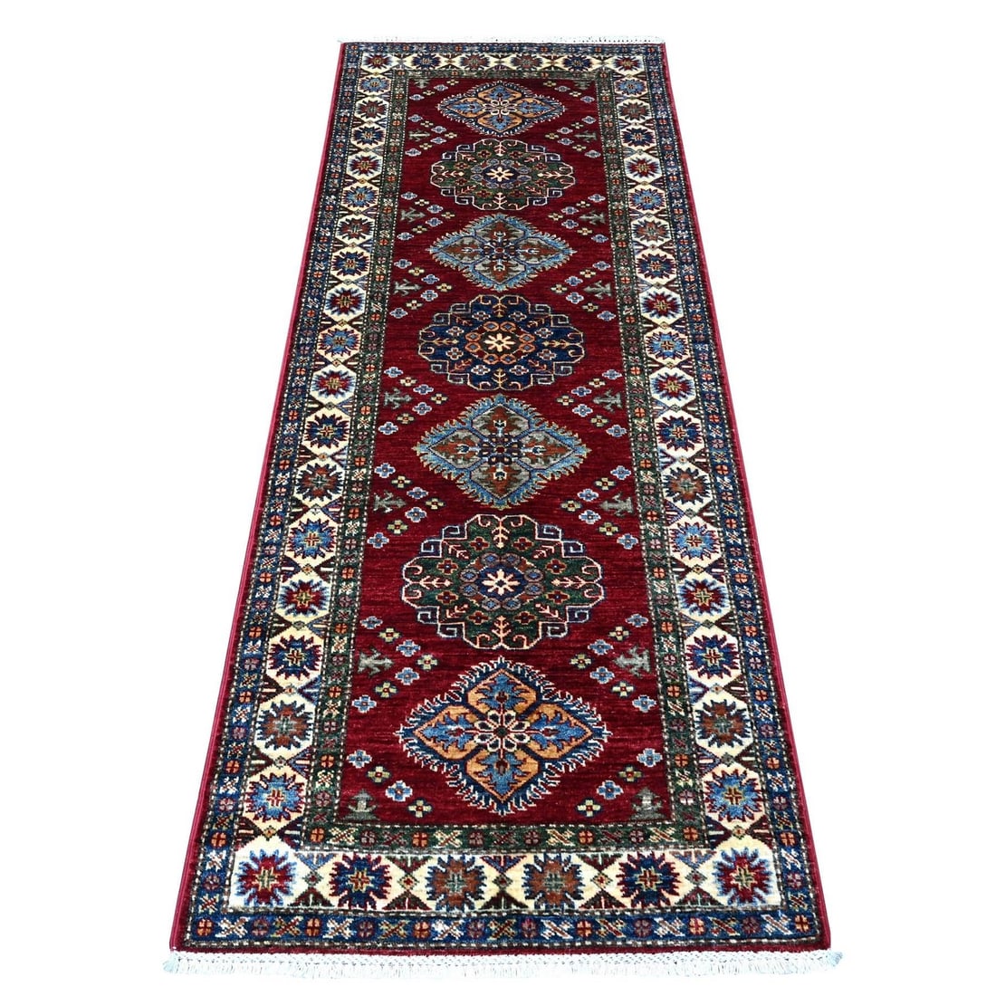 2'8"x7' Red Hand Knotted Super Kazak Geometric Wool Runner Oriental Rug: 2'8"x7' Red Hand Knotted Super Kazak Geometric Wool Runner Oriental Rug Red Hand Knotted Super Kazak Geometric Wool Runner features a striking red color and intricate geometric pattern, showcasing the