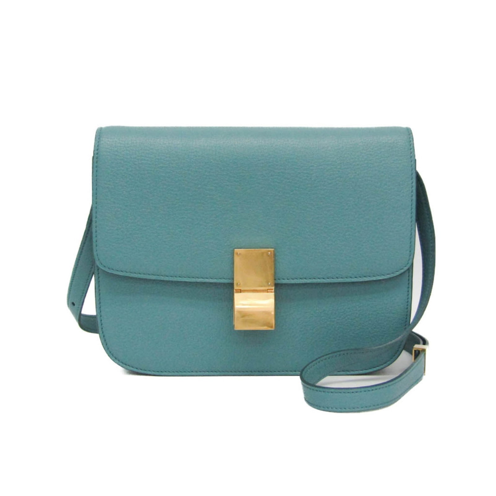Shoulder Bag Leather Celine: Shoulder Bag Leather Celine Calfskin leather shoulder bag with light blue color, featuring a clip and flap closure, zipper pocket, open pocket, and adjustable strap length. The bag measures 19cm x