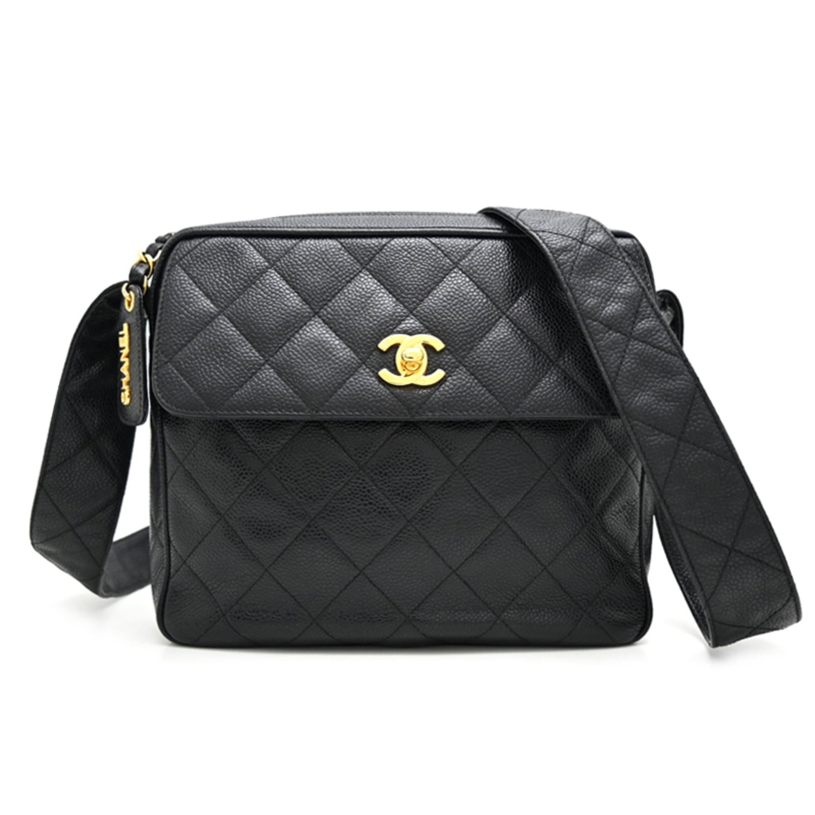 Calfskin Shoulder Bag by Chanel: Calfskin Shoulder Bag by Chanel Grained calfskin gives this black shoulder bag its sleek, sophisticated look. Measuring 20cm x 23cm x 6cm, it's the perfect size for daily essentials. Made from high-qu