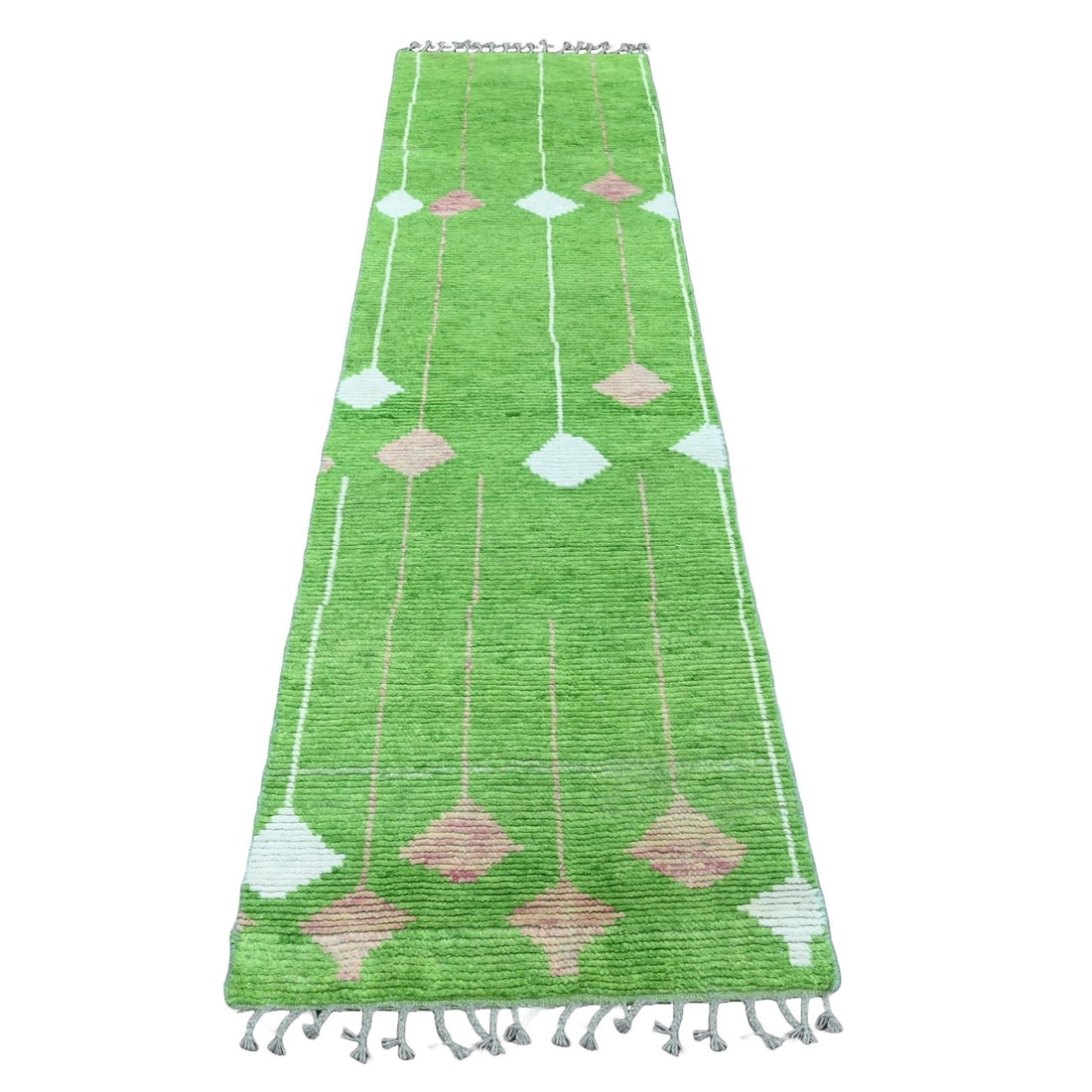 2'6"x9'1" Green Moroccan Weave Kite Design Hand Knotted Wool Runner Rug: 2'6"x9'1" Green Moroccan Weave Kite Design Hand Knotted Wool Runner Rug The vibrant green Moroccan weave design hand knotted wool runner rug boasts an eye-catching geometric pattern, showcasing the ri