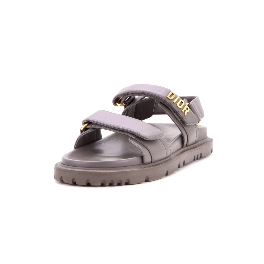 Christian Dior Women's DiorAct Sandals Leather: Christian Dior Women's DiorAct Sandals Leather Gray leather DiorAct sandals with gold hardware, featuring a classic design and premium materials. The shoes show signs of wear, including creases, crack