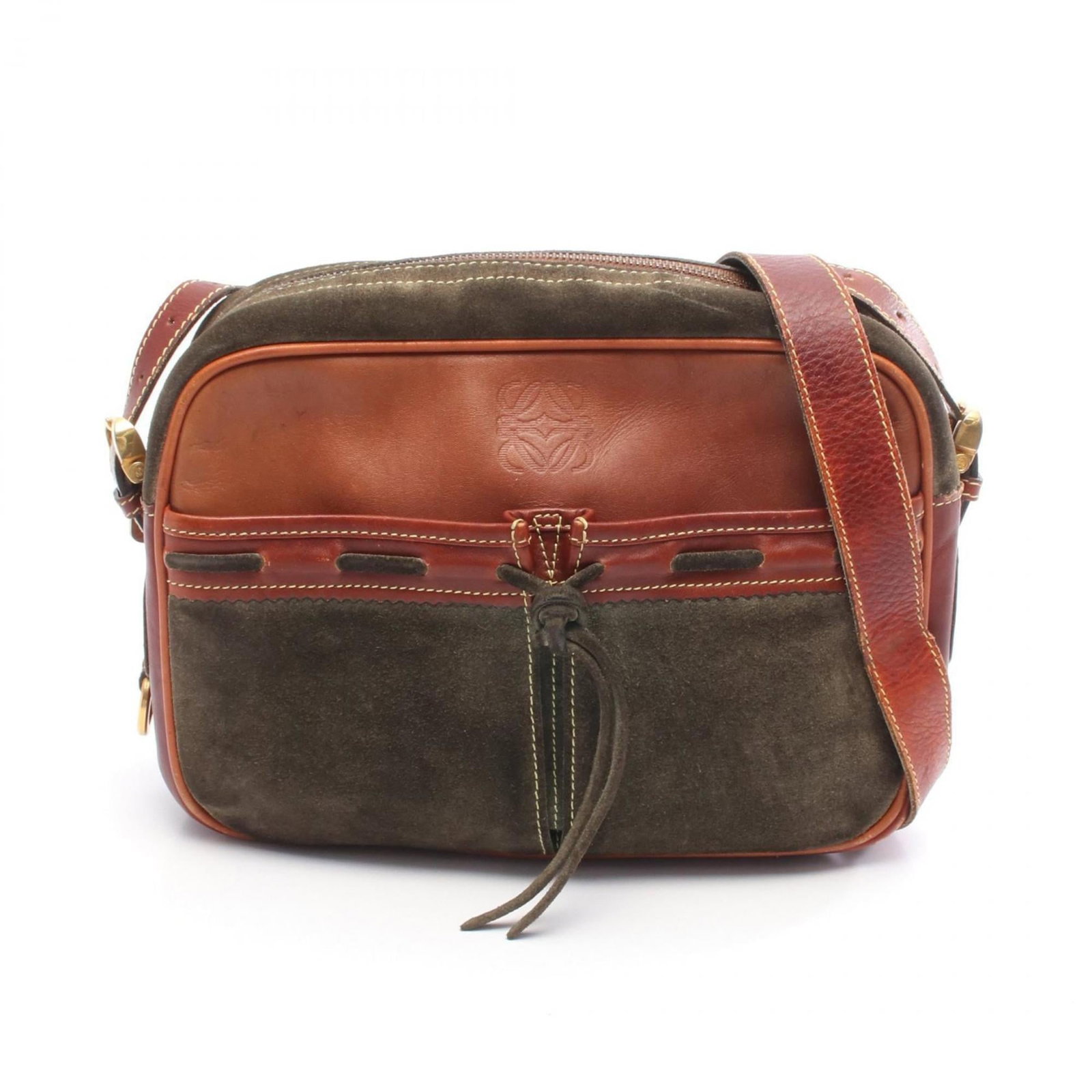 Shoulder bag suede leather Loewe: Shoulder bag suede leather Loewe Suede leather shoulder bag from Loewe, featuring a classic design with a brown and khaki color combination. The bag measures 20.5cm x 27cm x 7cm and has no additional 