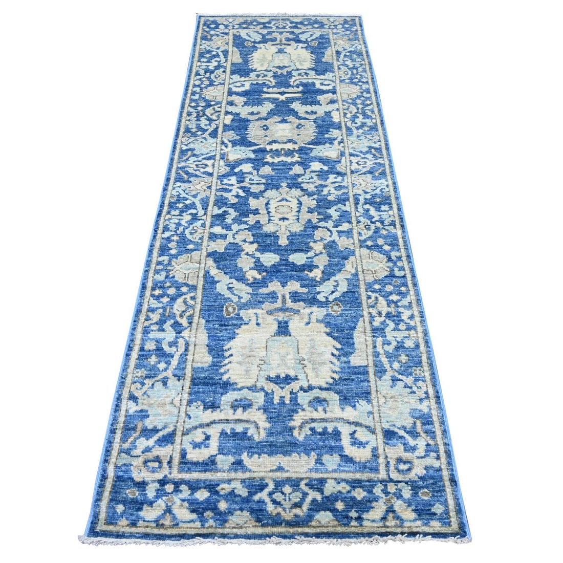 3'x9' Denim Blue Angora Oushak Leaf Design Hand Knotted Wool Runner Rug: 3'x9' Denim Blue Angora Oushak Leaf Design Hand Knotted Wool Runner Rug Denim blue Angora Oushak leaf design hand knotted wool runner rug, measuring 108" x 274 cm, boasts a stunning floral pattern in 