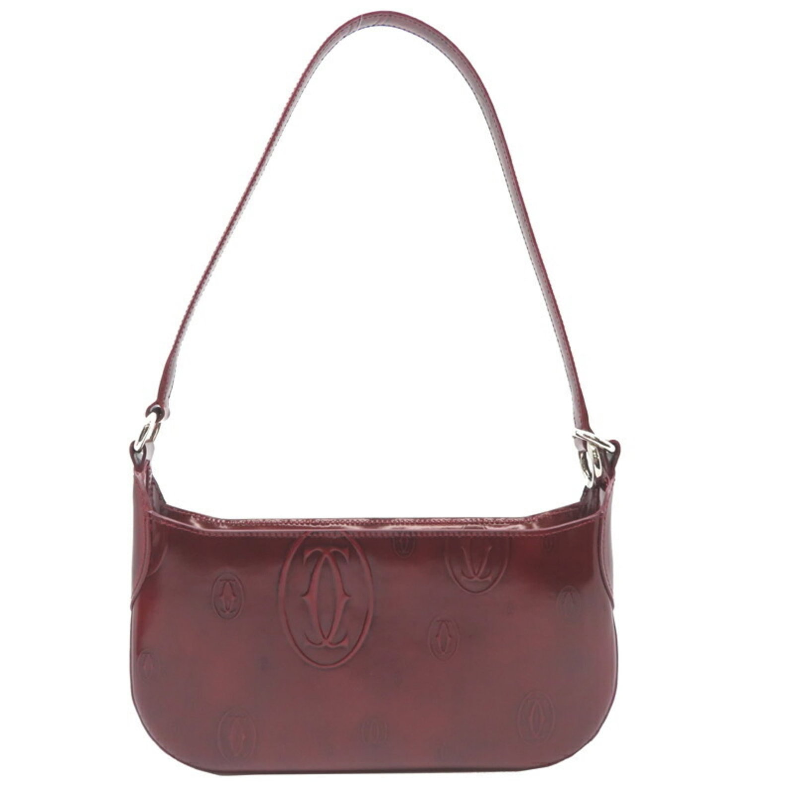 Patent Leather Handbag Cartier: Patent Leather Handbag Cartier Patent leather Cartier handbag in Bordeaux, featuring a sleek design and classic style. This small, elegant bag measures 12cm x 22cm x 3cm and comes with its original bo