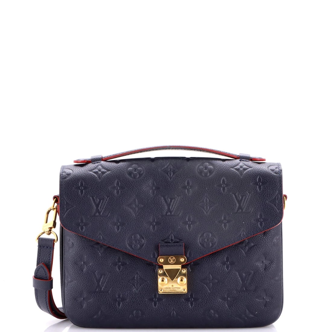 Monogram Leather Pochette Empreinte Louis Vuitton: Monogram Leather Pochette Empreinte Louis Vuitton Blue Monogram Empreinte Leather Cross Body Bag with Gold Hardware. This Louis Vuitton Pochette Metis features a striking blue exterior with the iconic