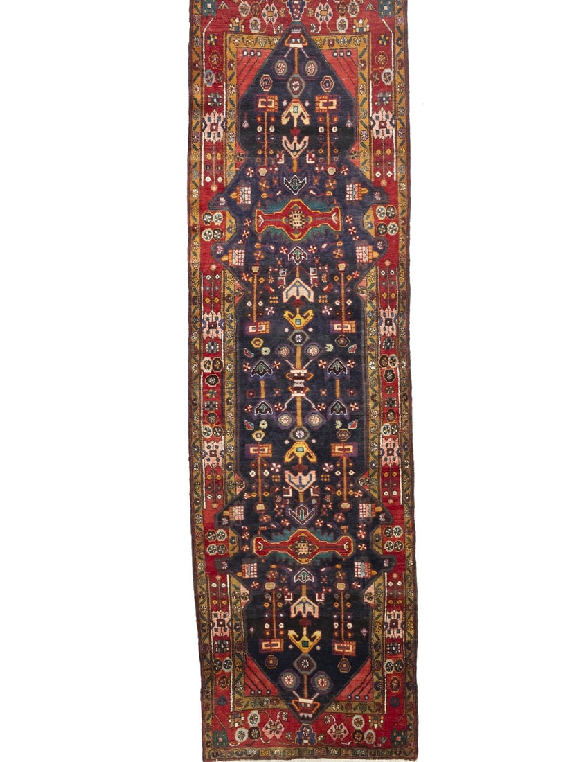 3'7 X 12'8 Purple-Navy Runner Rug Floral Design Kitchen Hallway 4X13 Ft Hand-Knotted: 3'7 X 12'8 Purple-Navy Runner Rug Floral Design Kitchen Hallway 4X13 Ft Hand-Knotted Hand-knotted in wool and cotton, this 4x13 ft purple-navy runner rug boasts a vibrant floral design in a vintage tr