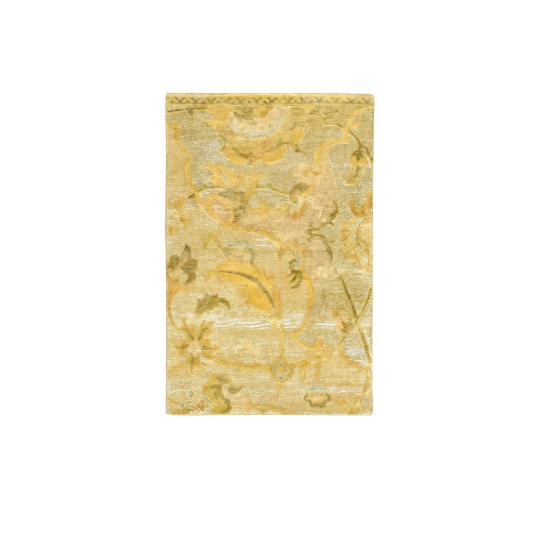 2'x3' Yellow Zoroastrian Polonaise Influence Design Silk Hand Knotted Mat: 2'x3' Yellow Zoroastrian Polonaise Influence Design Silk Hand Knotted Mat Yellow Zoroastrian Polonaise Influence Design Silk Hand Knotted Mat, measuring 2'0" x 3'0" / 61 CM X 91 CM, boasts a vibrant a