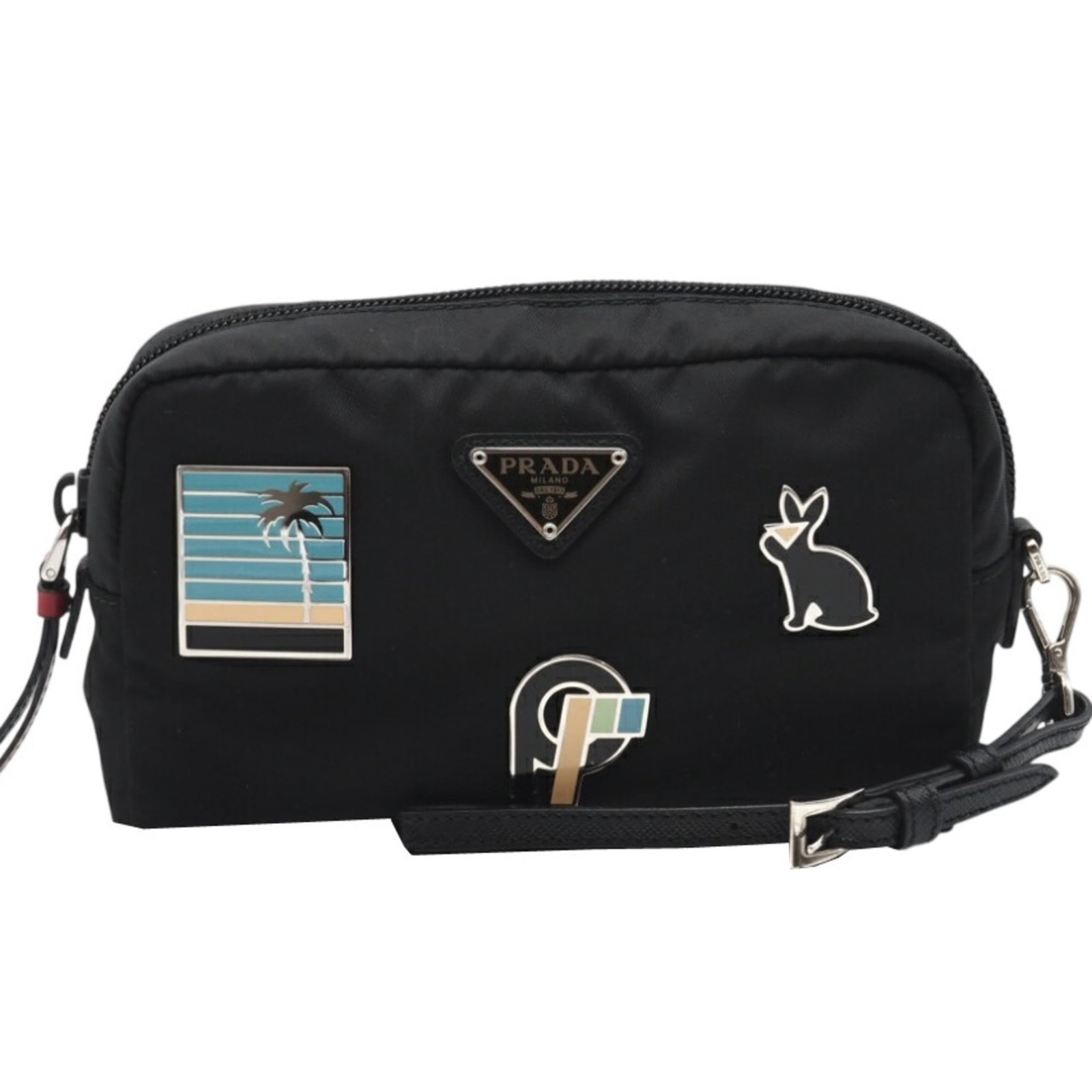 Nylon Pouch Prada: Nylon Pouch Prada Prada Nylon Pouch with Zipper Closure. Made from durable nylon, this sleek pouch measures 11cm x 17cm x 4.5cm and features a convenient zipper closure for secure storage. Its compact