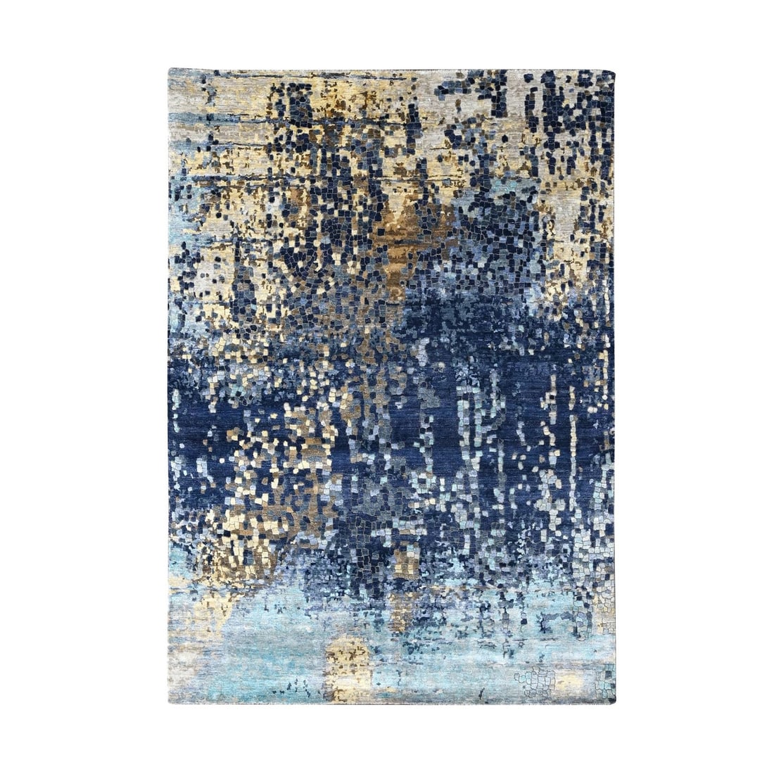 6'1"x8'10" Demin Blue Wool and Silk Zoroastrian Knot Hand Knotted Rug: 6'1"x8'10" Demin Blue Wool and Silk Zoroastrian Knot Hand Knotted Rug This stunning Demin Blue Wool and Silk Zoroastrian Knot Hand Knotted Rug boasts an impressive rectangular field with a flatweave