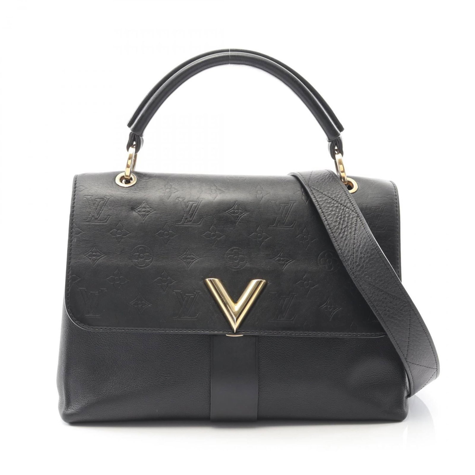 Handbag Louis Vuitton Leather: Handbag Louis Vuitton Leather This Louis Vuitton handbag features sleek black leather and a sturdy shoulder strap, making it a practical and stylish accessory. The bag's dimensions are 20.5cm x