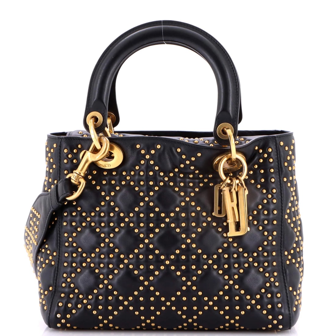 Lady Dior Bag Cannage Medium Supple Lambskin Studded Christian Dior: Lady Dior Bag Cannage Medium Supple Lambskin Studded Christian Dior The Lady Dior Bag Cannage Medium Supple Lambskin Studded Christian Dior boasts sleek black leather exterior with gold hardware,