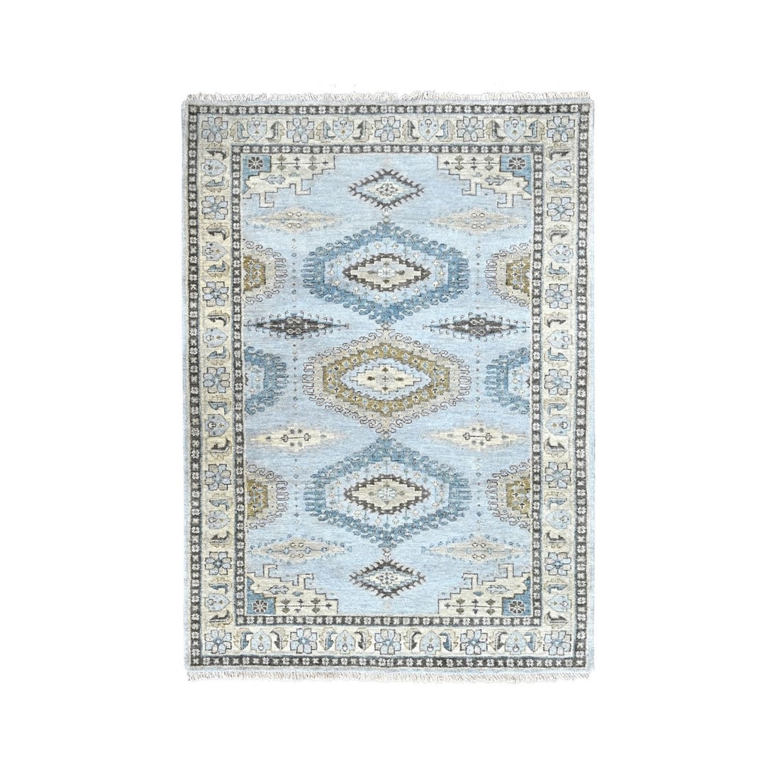 4'1"x6' Gray Village Inspired Geometric Design Pure Wool Hand Knotted Rug: 4'1"x6' Gray Village Inspired Geometric Design Pure Wool Hand Knotted Rug The 4'1"x6' Gray Village Inspired Geometric Design Pure Wool Hand Knotted Rug boasts a striking rectangular field with intrica