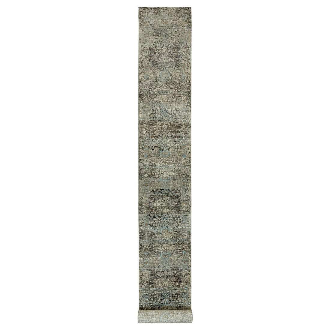 2'8"x23'10" Gray Transitional Hand Knotted Silk and Wool XL Runner Rug: 2'8"x23'10" Gray Transitional Hand Knotted Silk and Wool XL Runner Rug Hand-knotted with silk and wool, this large runner rug boasts a stunning grey field color and subtle oriental pattern. Measuring 