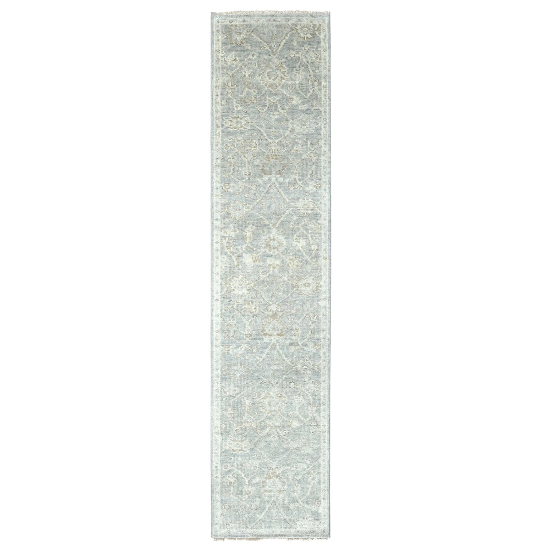 2'5"x11'4" Coin Gray Hand Knotted Oushak Design Soft Wool Runner Rug: 2'5"x11'4" Coin Gray Hand Knotted Oushak Design Soft Wool Runner Rug Soft and elegant, this hand-knotted Oushak design rug features a stunning coin gray color on a wool pile, adding warmth and texture