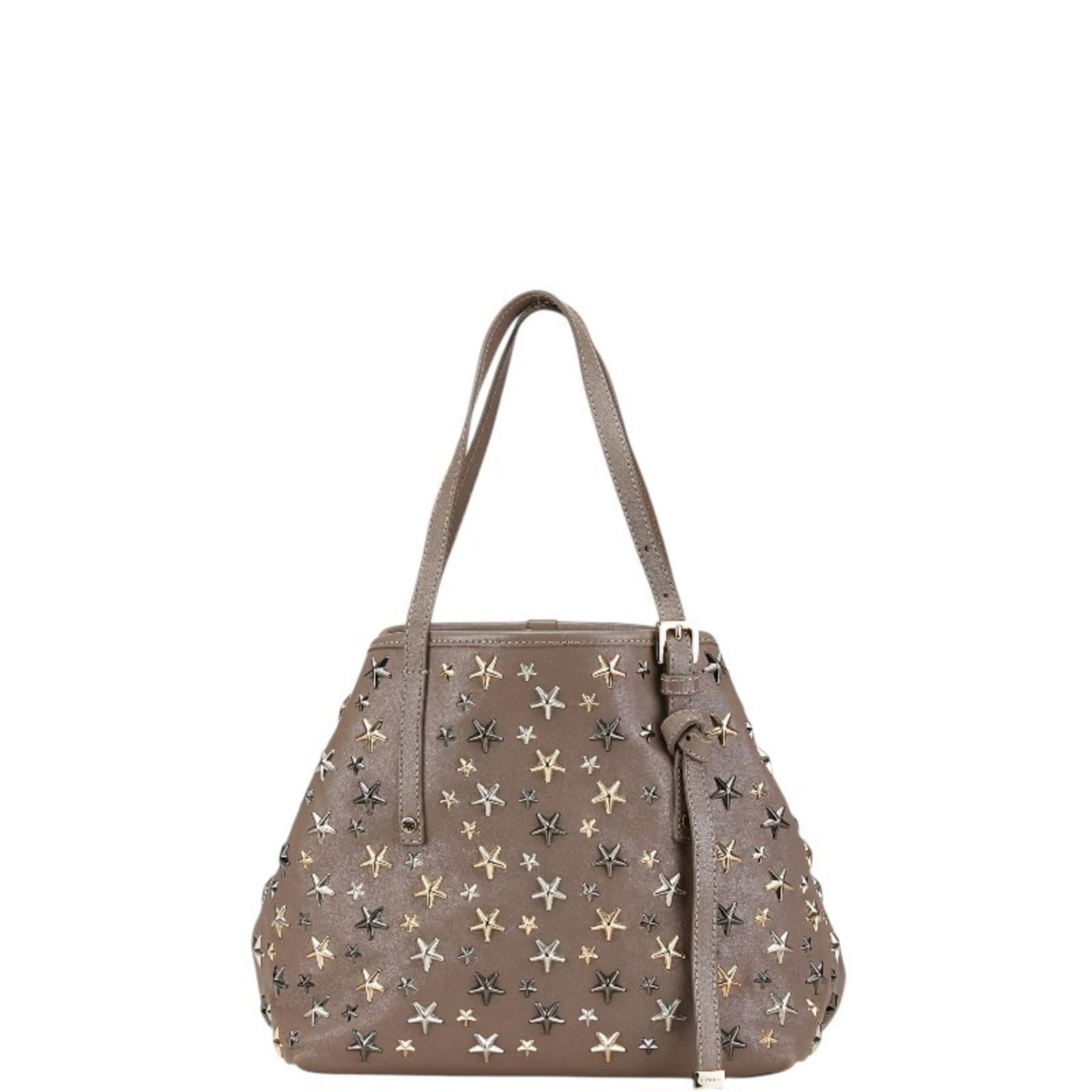 Handbag tote bag leather by Jimmy Choo: Handbag tote bag leather by Jimmy Choo Grayish leather tote bag from Jimmy Choo, featuring a size of 21cm x 33.5cm x 15cm and accompanied by a dust bag and guarantee card. This stylish handbag is made