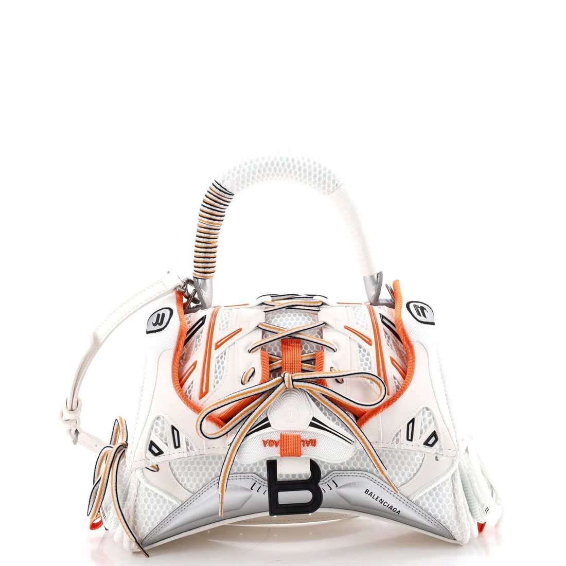 Mesh bag with faux leather, top handle, small: Mesh bag with faux leather, top handle, small Small Balenciaga Mesh Bag with Faux Leather Top Handle. This white mesh and faux leather small shoulder bag features a top handle, measuring 4" drop, and 
