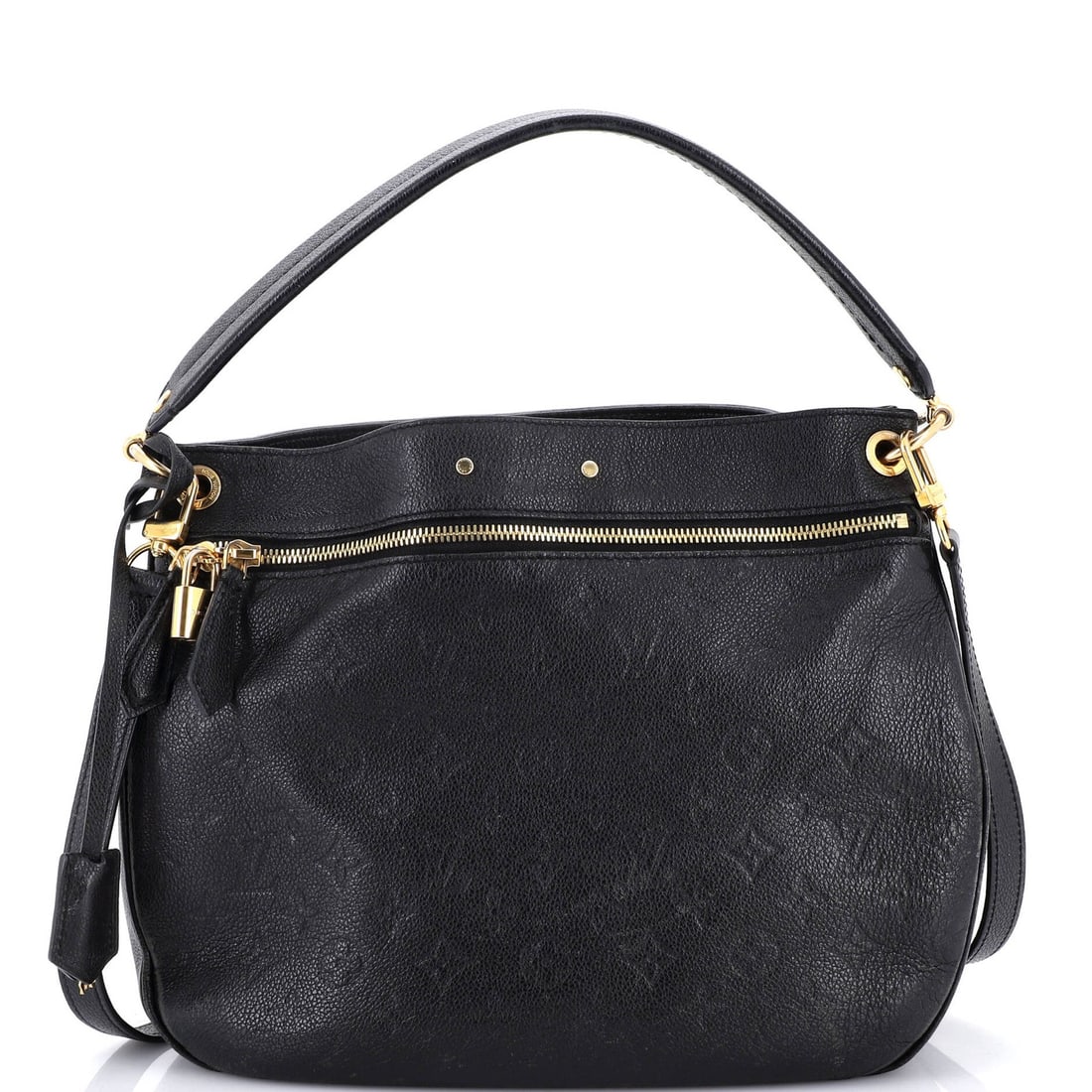 Louis Vuitton Handbag Monogram Spontini Leather Empreinte: Louis Vuitton Handbag Monogram Spontini Leather Empreinte Black Spontini NM Handbag Monogram Empreinte Leather Exterior. Measures 6" handle drop, 12" height, 13" width, and 5" depth with a gold lock c