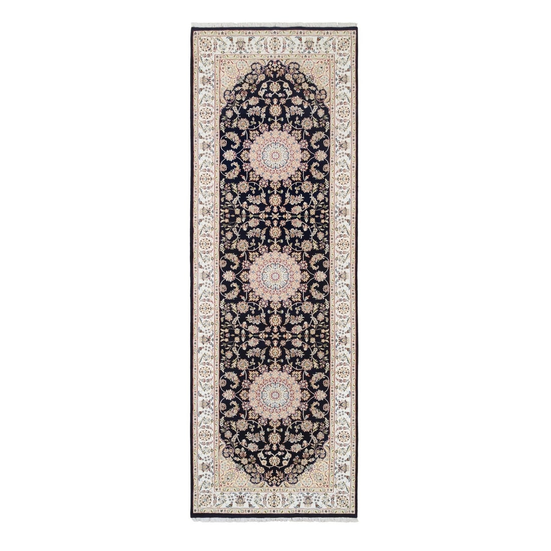 4'x12' Blue Wool Hand Knotted Nain 250 KPSI Wide Runner Oriental Rug: 4'x12' Blue Wool Hand Knotted Nain 250 KPSI Wide Runner Oriental Rug Blue Wool Hand Knotted Nain 250 KPSI Wide Runner Oriental Rug boasts an impressive 4'0" x 12'0" size, making it a stunning addition