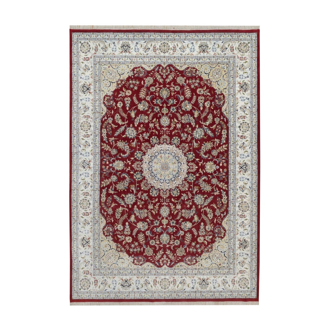 10'x14'1" Red Nain with Medallion Design Hand Knotted Wool and Silk Rug: 10'x14'1" Red Nain with Medallion Design Hand Knotted Wool and Silk Rug Red Nain with Medallion Design Hand Knotted Wool and Silk Rug features a striking medallion pattern in rich red hues, set agains