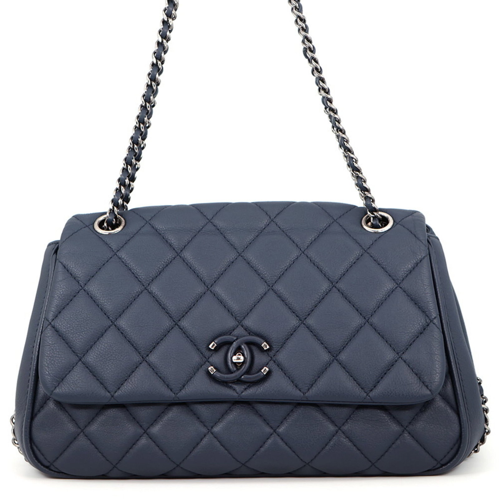 Chanel Handbag Shoulder Bag Leather: Chanel Handbag Shoulder Bag Leather Navy leather shoulder bag from Chanel, crafted with calfskin and featuring matte silver hardware. This classic design measures 16cm x 29cm x 6.29'' in dimensions. A