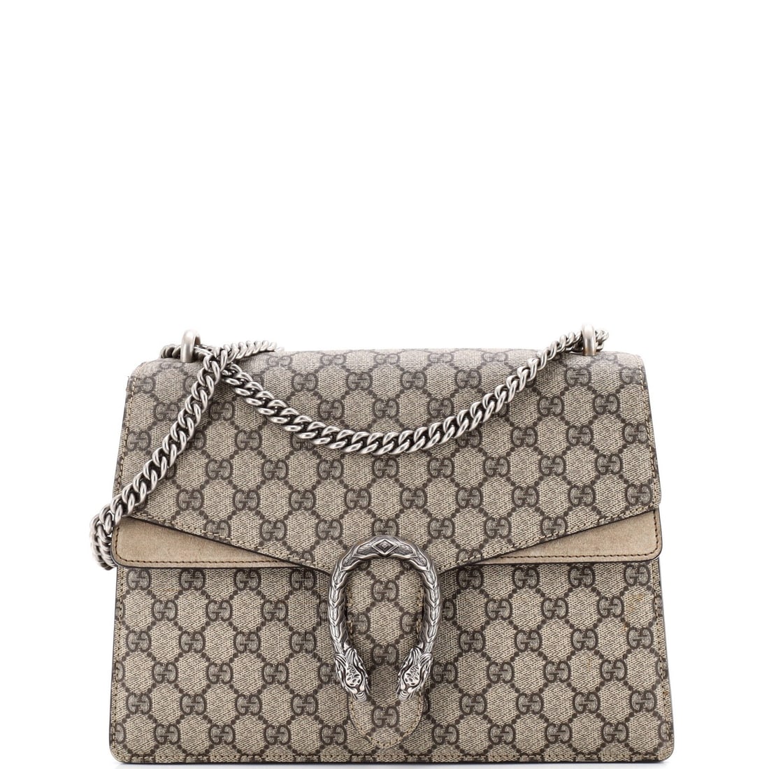 Coated Canvas GG Dionysus Medium Gucci Bag: Coated Canvas GG Dionysus Medium Gucci Bag Canvas Coated GG Dionysus Medium Gucci Bag in Brown features a medium size with an 8" handle drop and 15" strap drop, making it a versatile shoulder bag. The